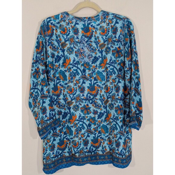 Dolma Silk Blend Floral Blue Tunic Hand Embroidered Henley Bohemian Indian Sz M - Picture 12 of 12